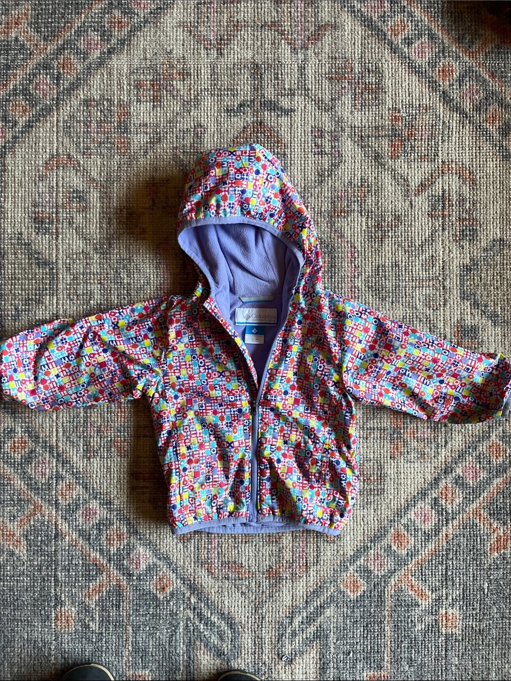 Columbia Kids Colorful Pattern Hooded Rain Jacket - Purple Lining